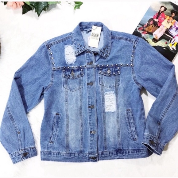 Love Tree Distressed Denim trucker jean jacket - Picture 1 of 8